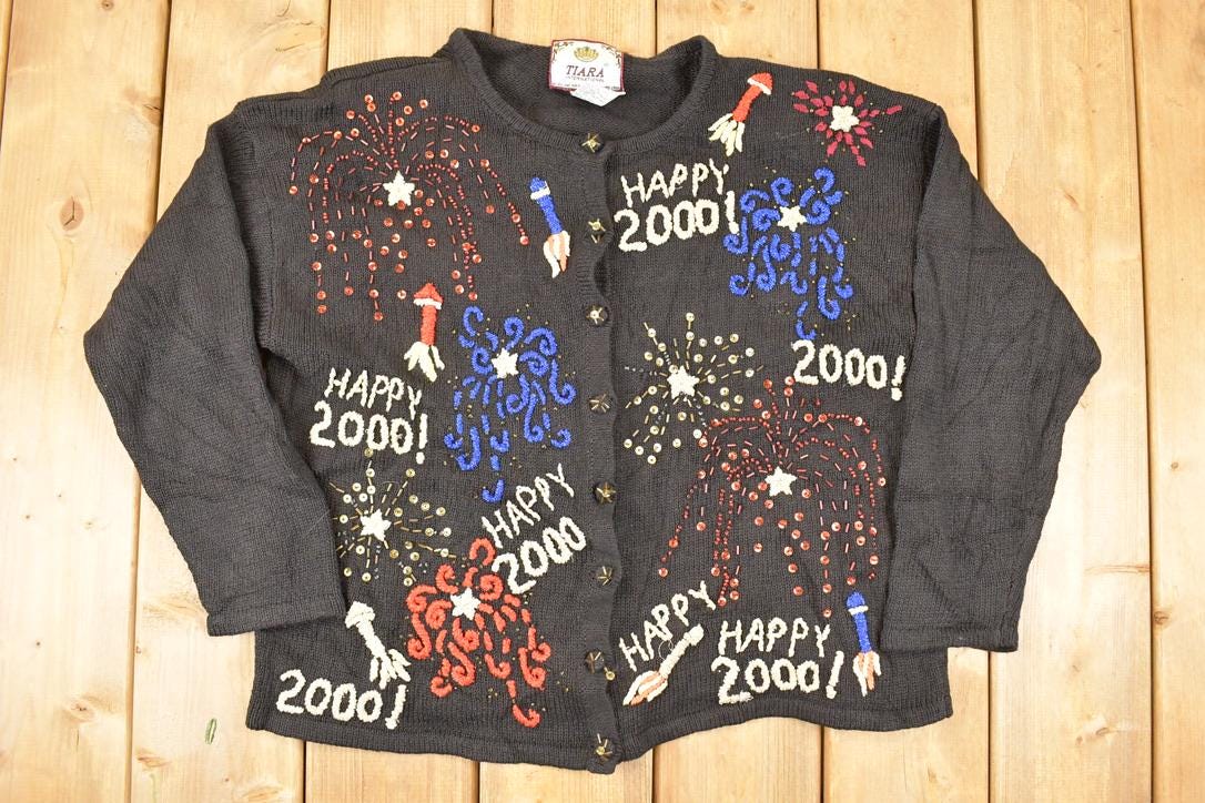 Vintage Y2K New Year Heavy Embroidered Abstract Knit Cardigan Sweater Women's L
