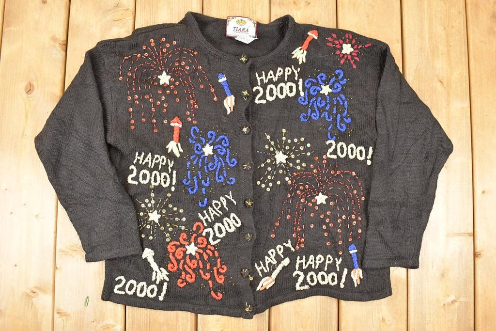 Vintage Y2K New Year Heavy Embroidered Abstract Knit Cardigan Sweater Women's L