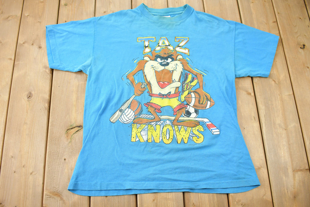 Vintage 1990 Looney Tunes Tasmanian Devil Taz Knows Sports Cartoon Promo T-Shirt
