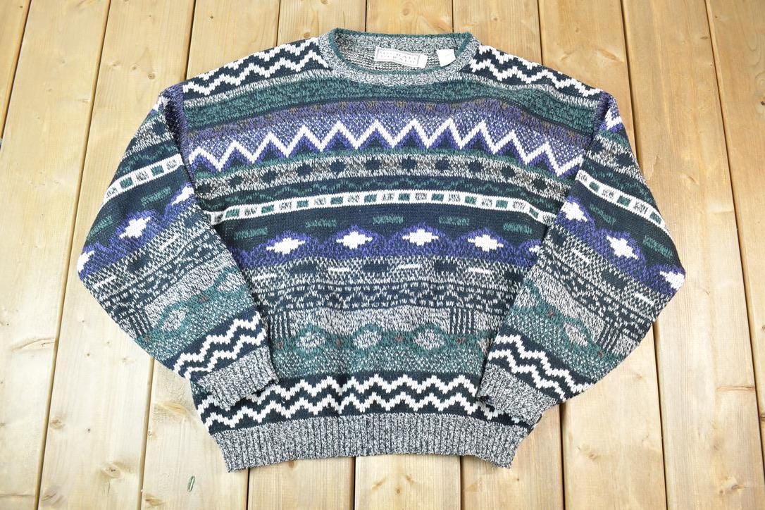 Vintage 1990s Michael Gerald Knit Abstract Pattern Crewneck Sweater Made In 90s Crewneck