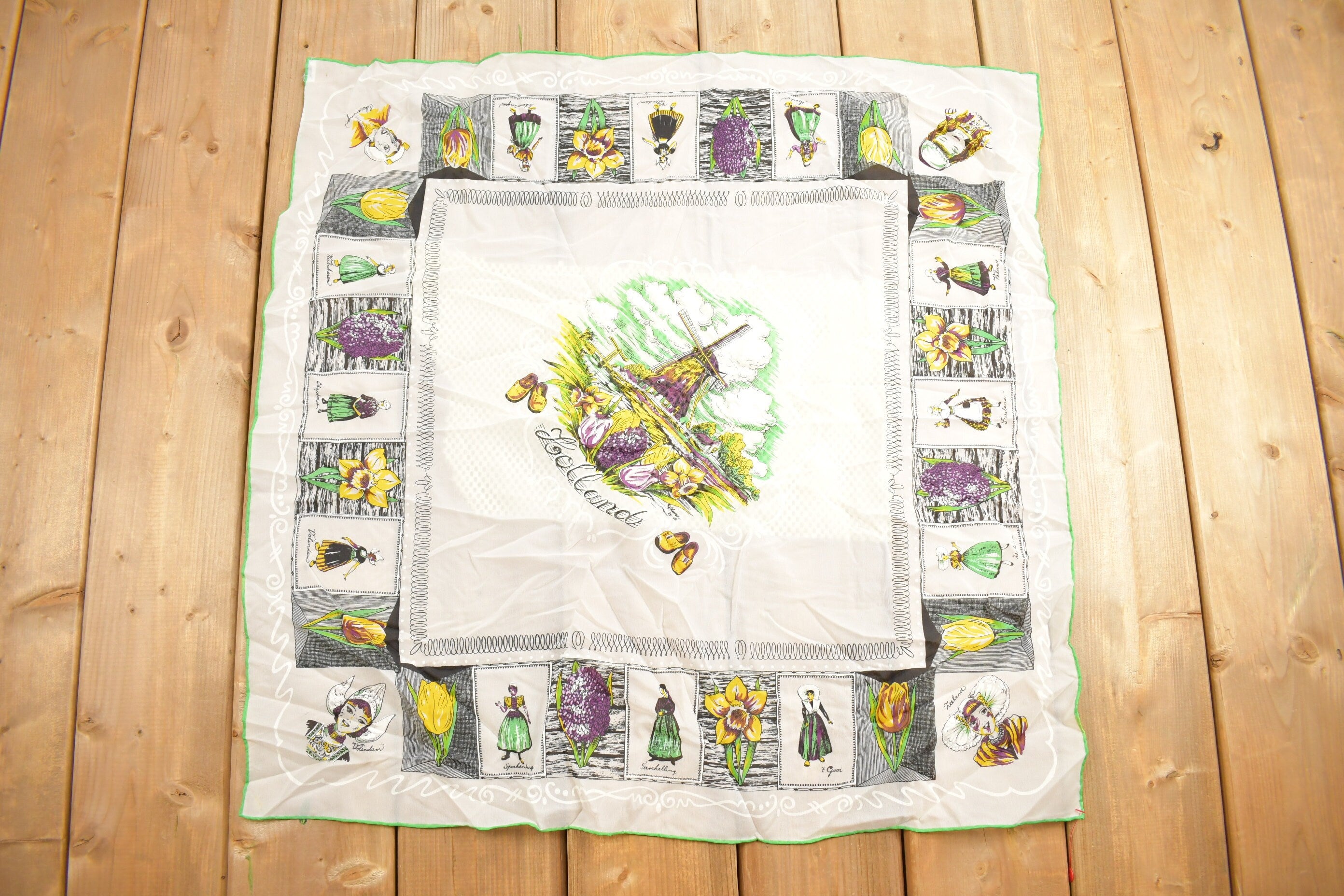 Vintage 1980s Holland Windmill Clogs Flower Print Scarf