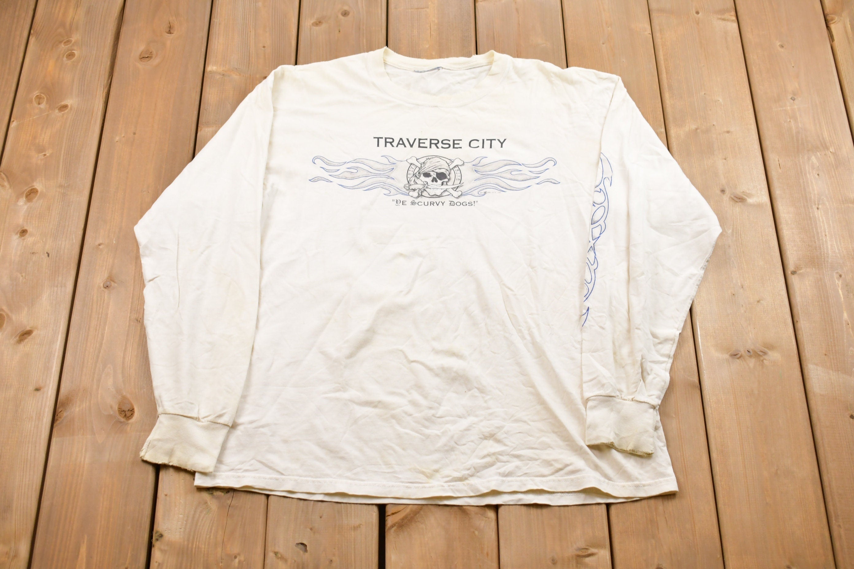 Vintage 1990s Traverse City Long Sleeve  90s Long Sleeve  Scurvy Dogs  Distressed  Souvenir  Streetwear  Travel And Tourism