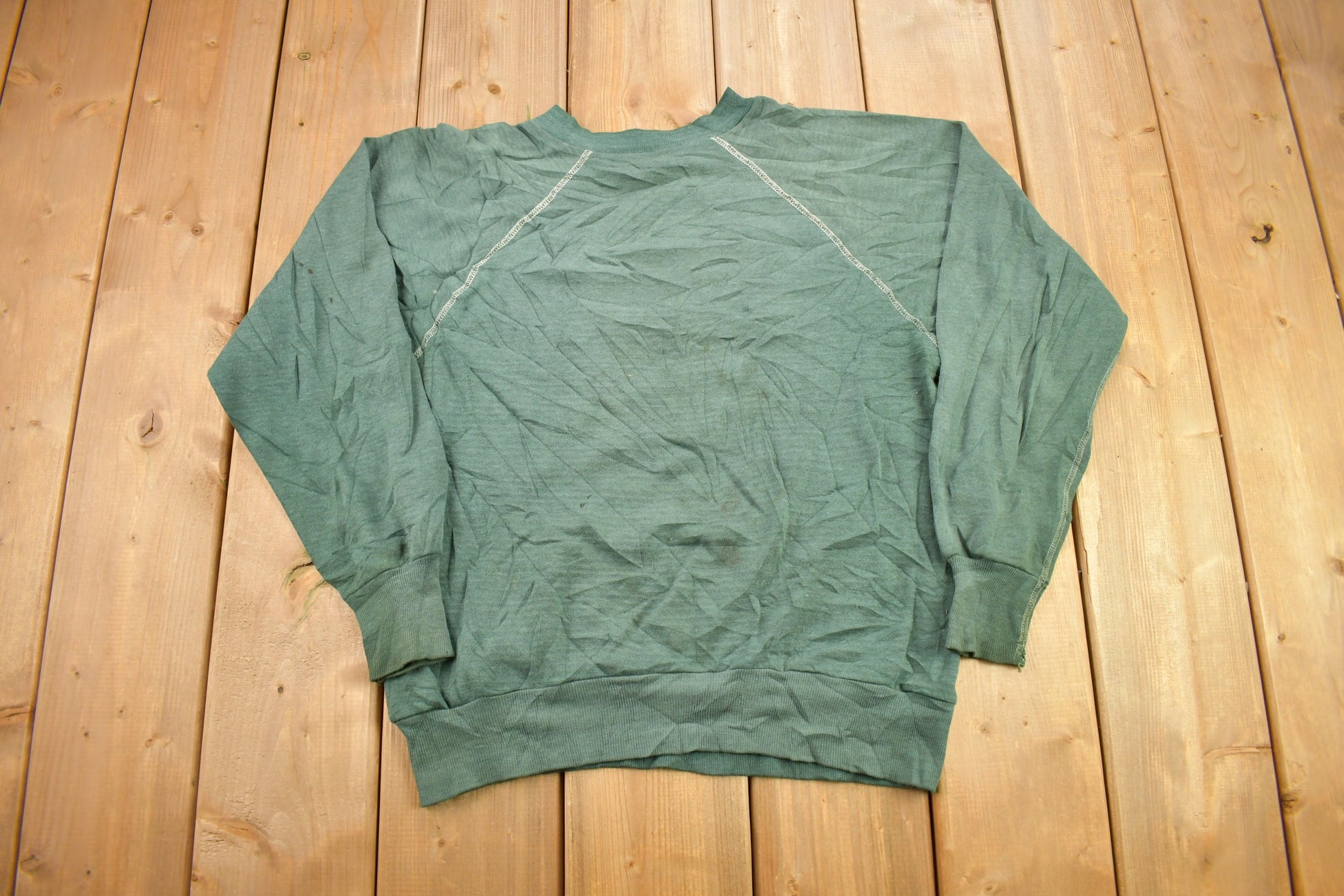 Vintage 1960s Blank Faded Forest Green Crewneck Sweatshirt  60s Crewneck  Made In USA  True Vintage  Distressed