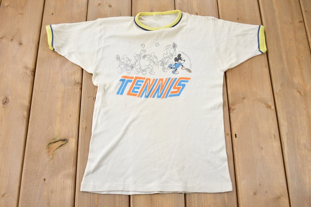 Vintage 1980s Disney Mickey Mouse Tennis Graphic Ringer T-Shirt / Graphic / 80s / Streetwear / Retro Style / Single Stitch / Made In USA