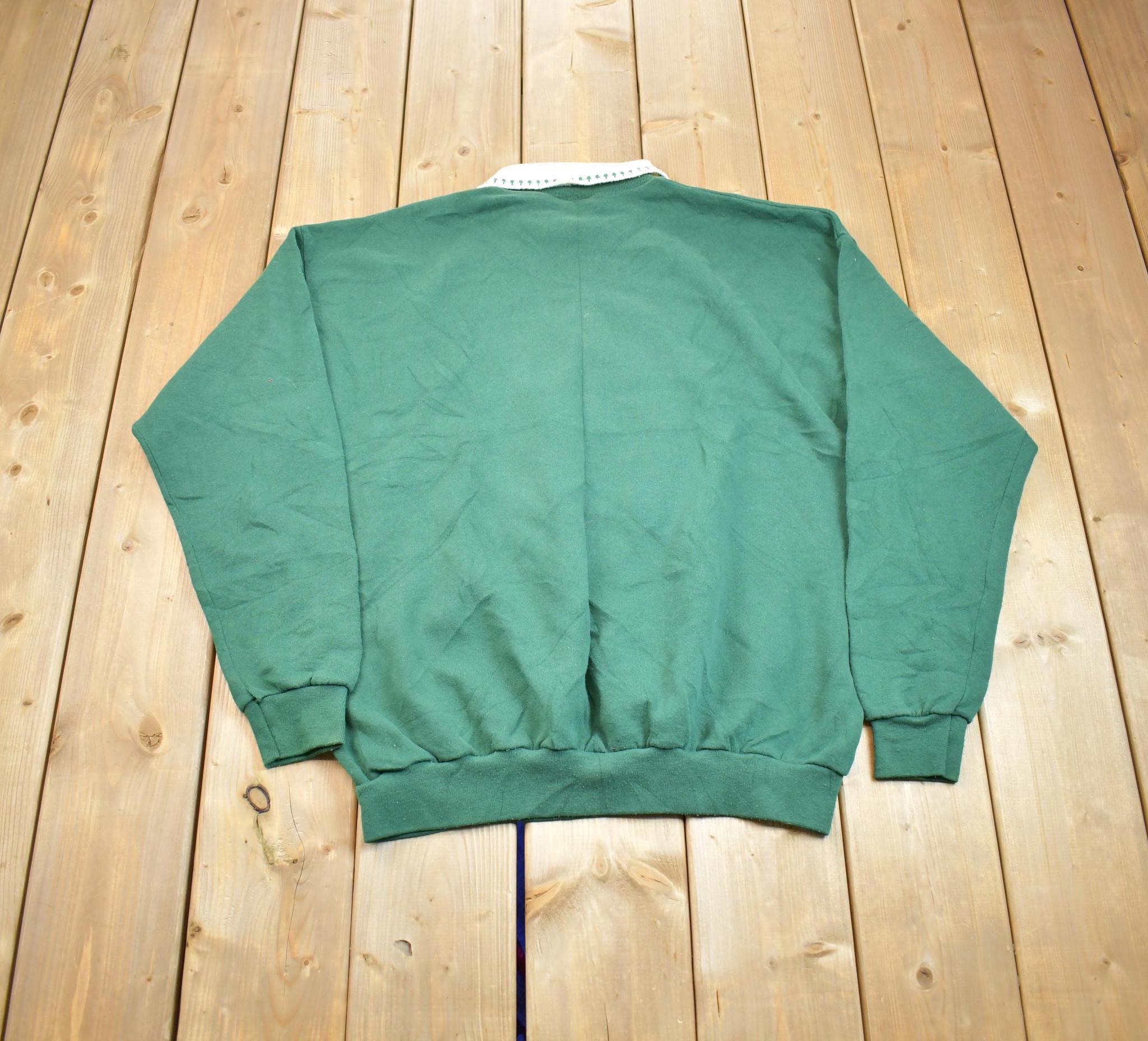 Vintage 1990s Folk Art Applique Christmas Time Embroidered Collard Crewneck Sweatshirt Made In USA