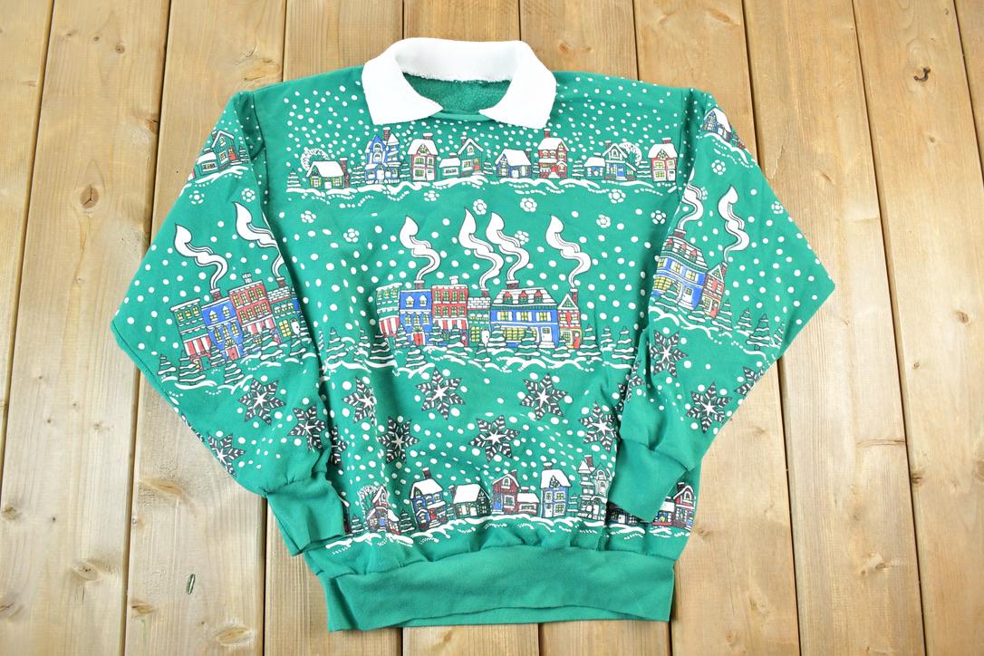 Vintage 1990s Christmas AOP Collared Crewneck Sweatshirt Made In USA Mens M