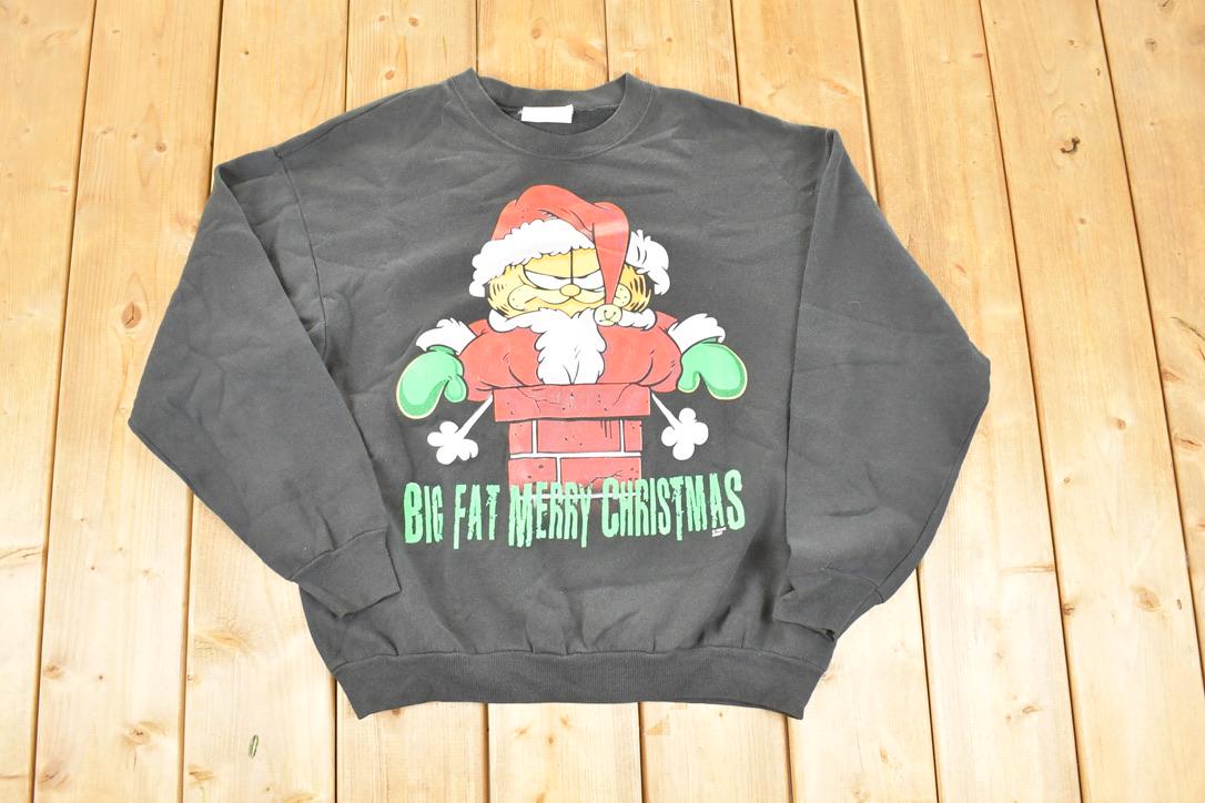 Vintage 1990s Garfeild Big Fat Merry Christmas Cartoon Comedy Crewneck Sweatshirt Men's L