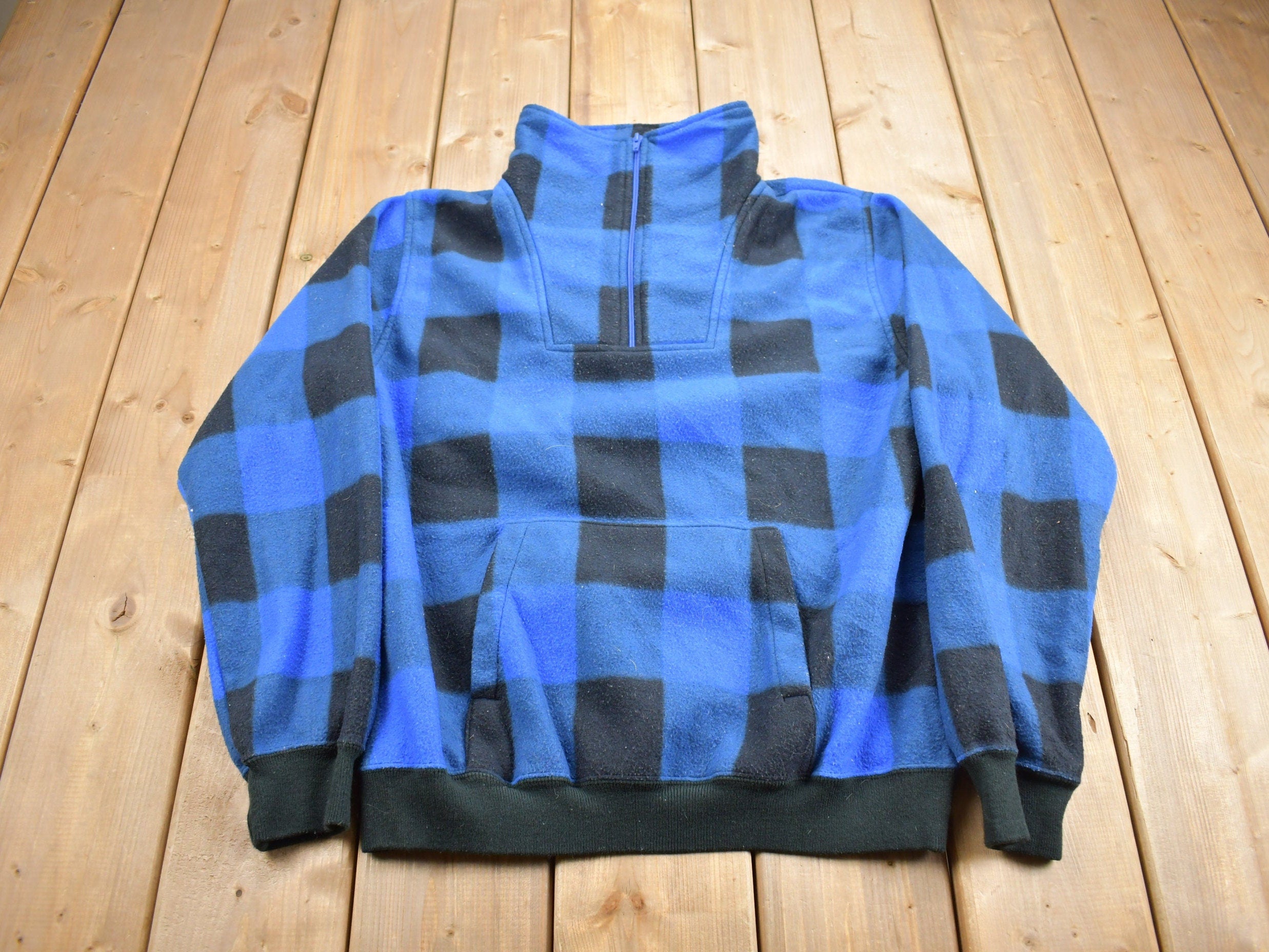 Vintage 1990s Trader Bay Quarter Zip Plaid Fleece Sweater  Outdoorsman  90s Sweater  Streetwear  Hiking  Fleece Zip up