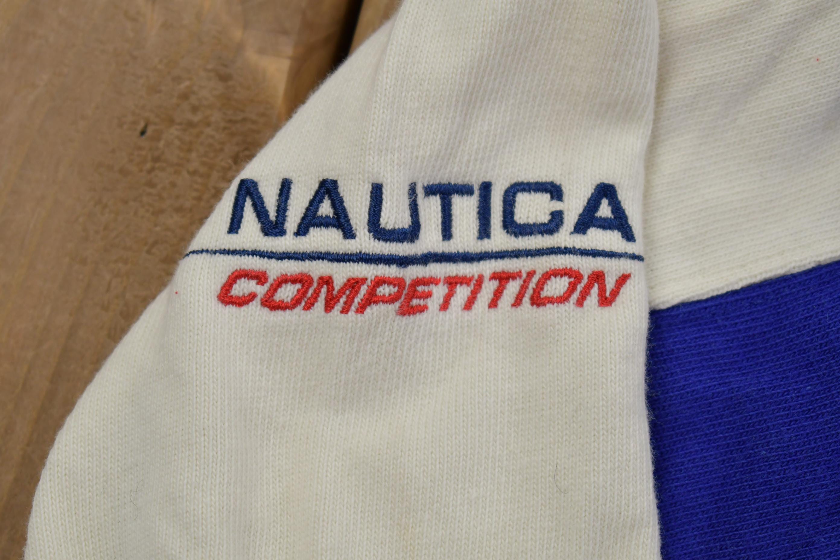 Vintage 1990s Nautica Competition Striped Rugby Shirt Crewneck Sweatshirt - Large