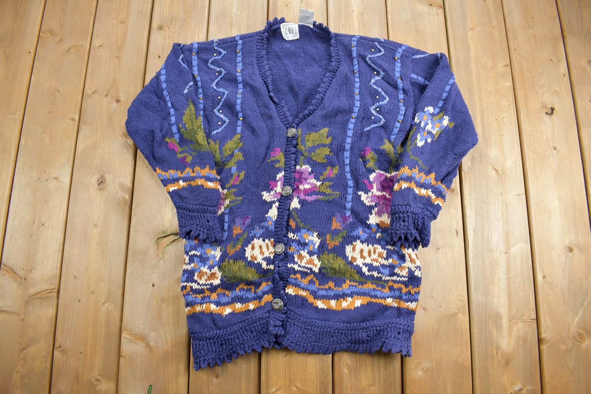 Vintage 1990s CHU Floral Knit Cardigan Sweater