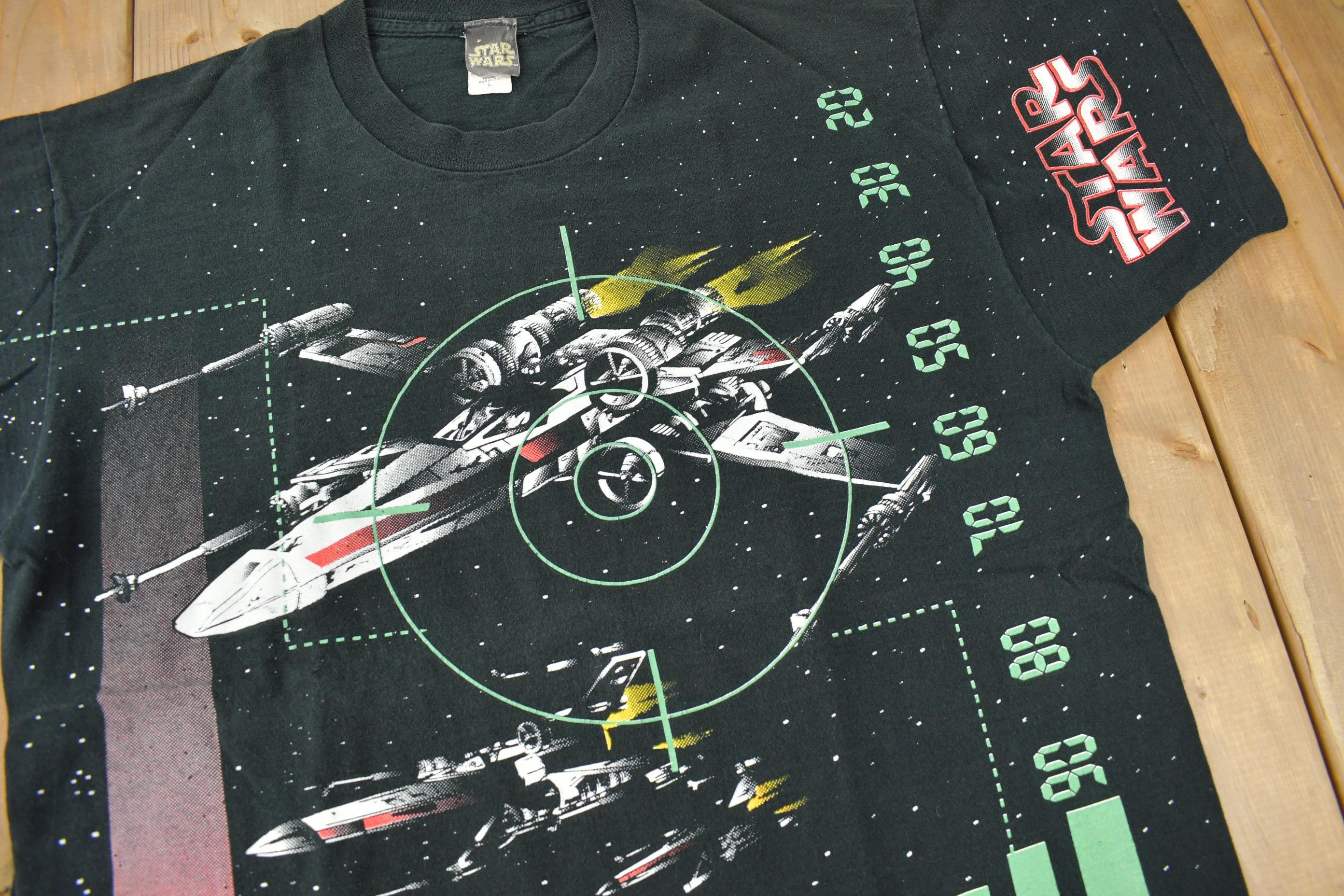 Vintage 1996 Star Wars X-Wing Rogue Squadron All Over Print Graphic T-Shirt Size L Made In USA Single Stitch