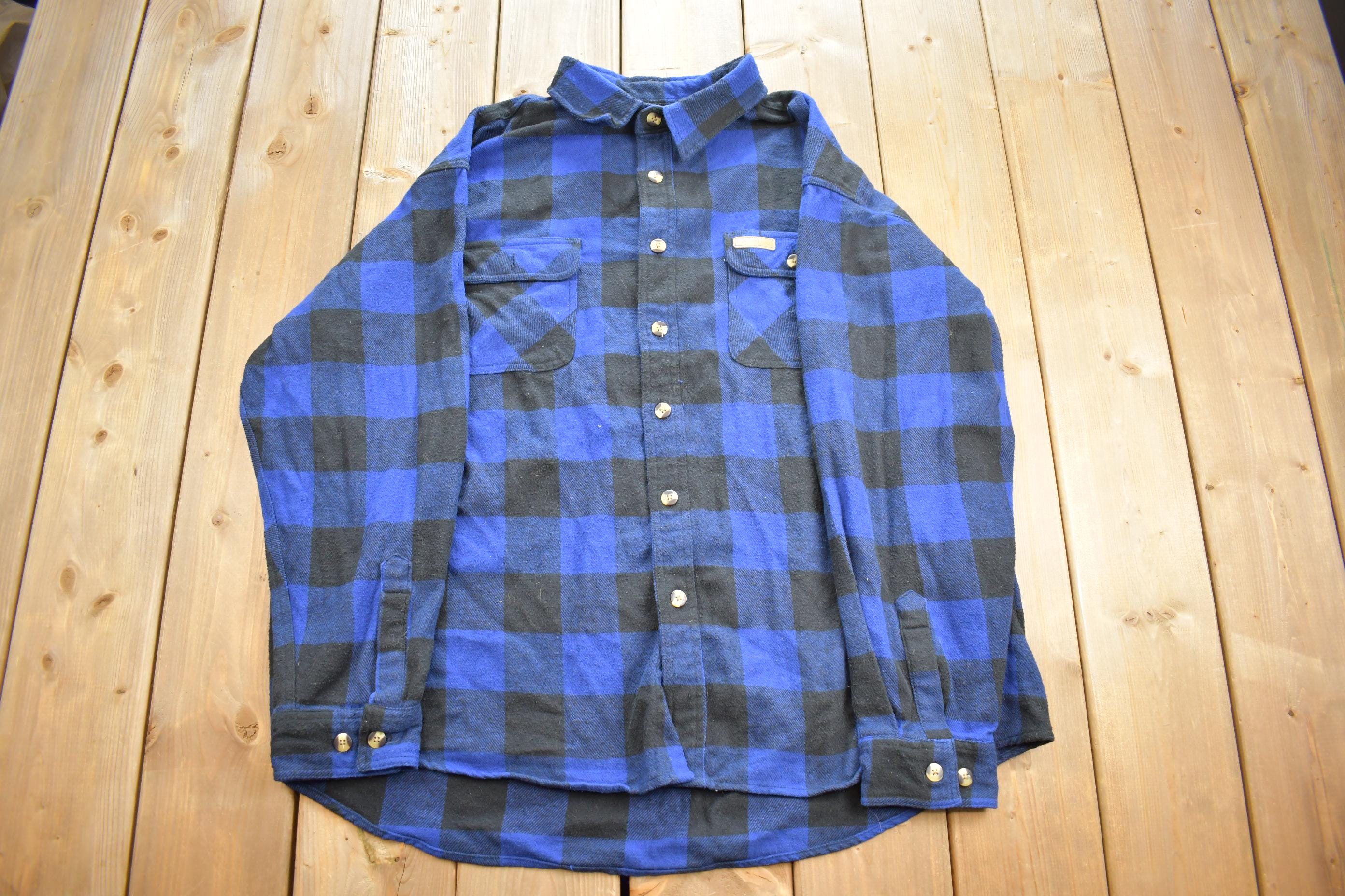 Vintage 1990s Hickory Blue Plaid Flannel Button Up Shirt