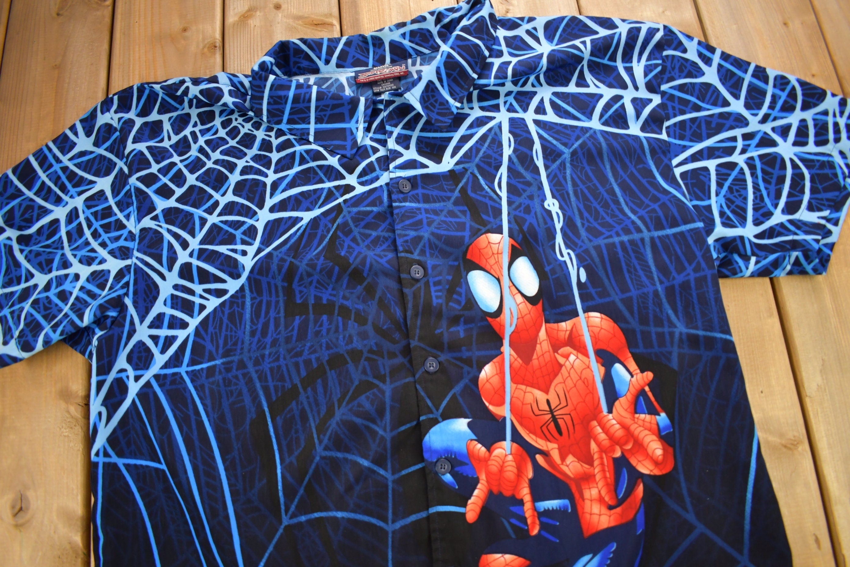 Vintage 2002 Spiderman All Over Print Button Up T-Shirt