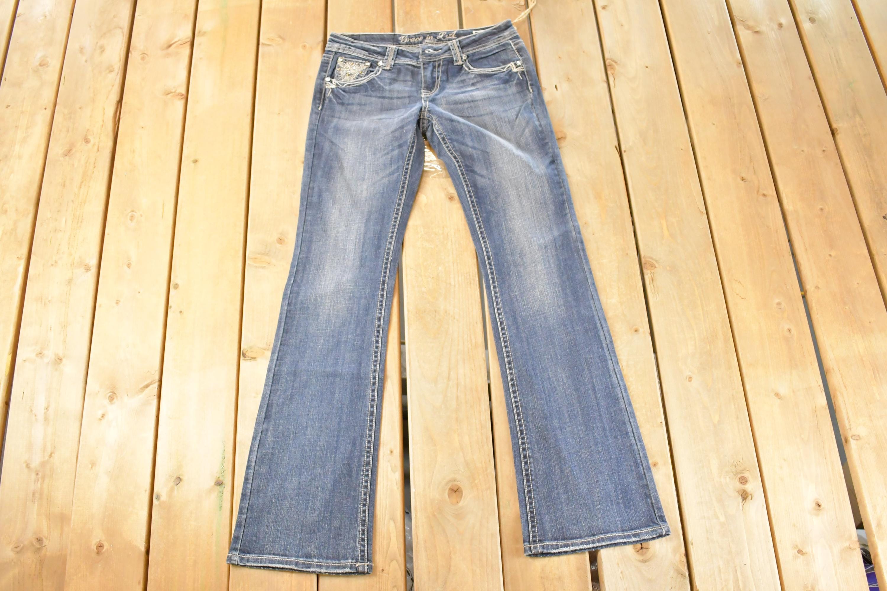 Vintage Deadstock Y2K Grace In LA Bedazzled Bootcut Low Rise Jeans Women's Size 27 x 32