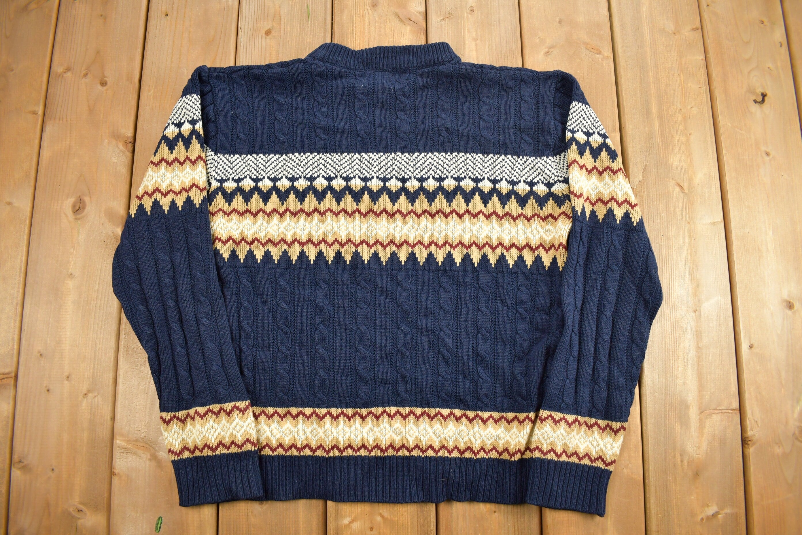 Vintage 1990s Navy Blue Knit Crewneck Sweater / Vintage 90s Crewneck / All Over Pattern / Colorful Sweatshirt / Abstract Pattern