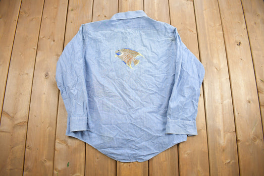 Vintage 1970s Embroidered Fish Button Up Shirt / Made in USA / Abstract Pattern / Outdoorsman / Fisherman