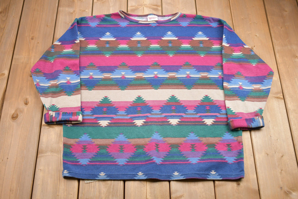 Vintage 1990s Huntington Ridge Waffle Knit Aztec Crewneck Sweatshirt