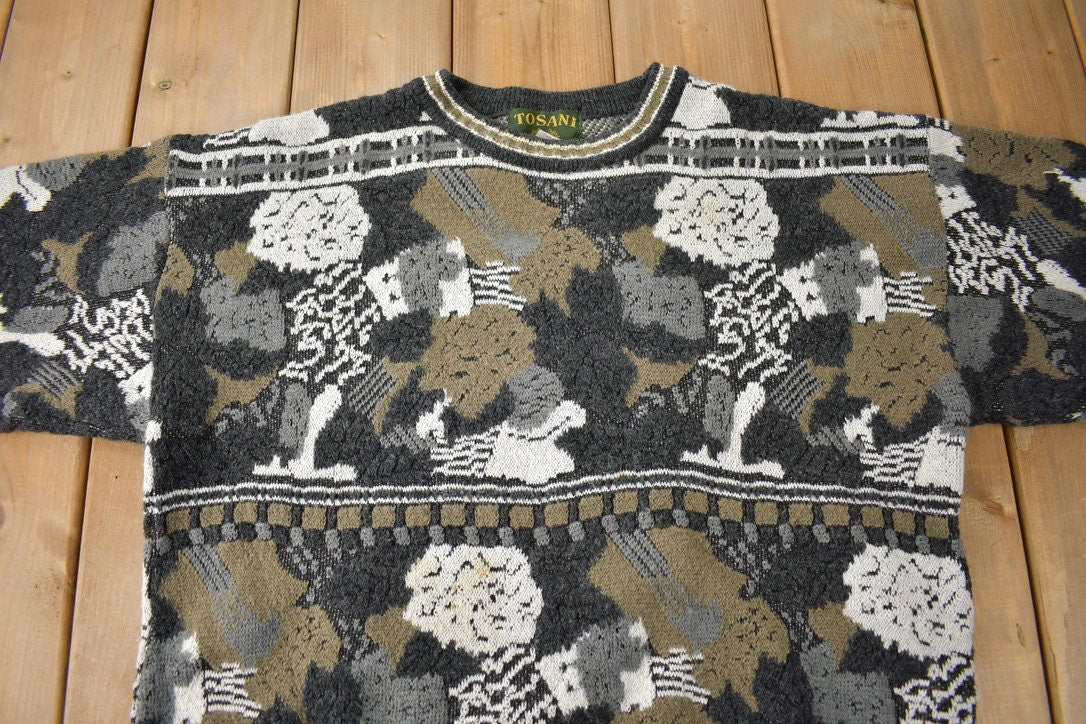 Vintage 1990s Tosani Abstract Wool Knit Crewneck Sweater Made In Canada