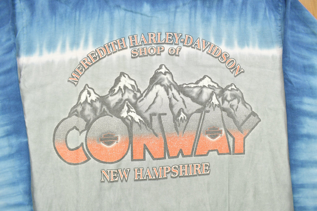 Vintage 2002 Meredith Harley Davidson Of Conway New Hampshire Long Sleeve Tie Dye T-Shirt