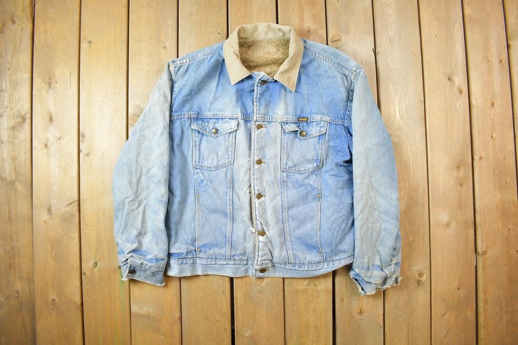 Vintage 1990s Distressed Faded Wrangler Synthetic Fur Lined Jean Jacket
