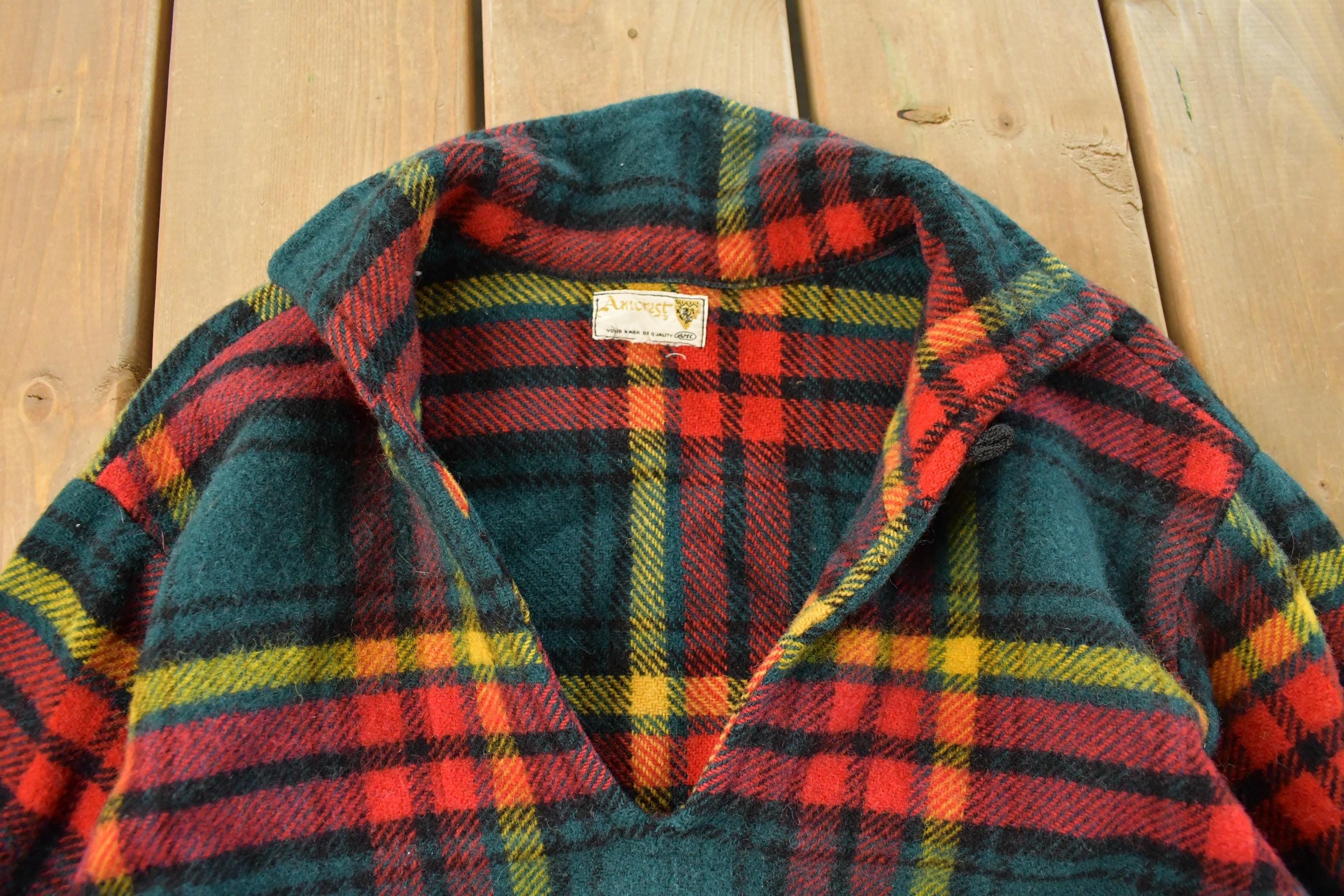 Vintage 1950s Amcrest Tartan Plaid Rangers Pullover Button Up Wool Shirt Men's Medium