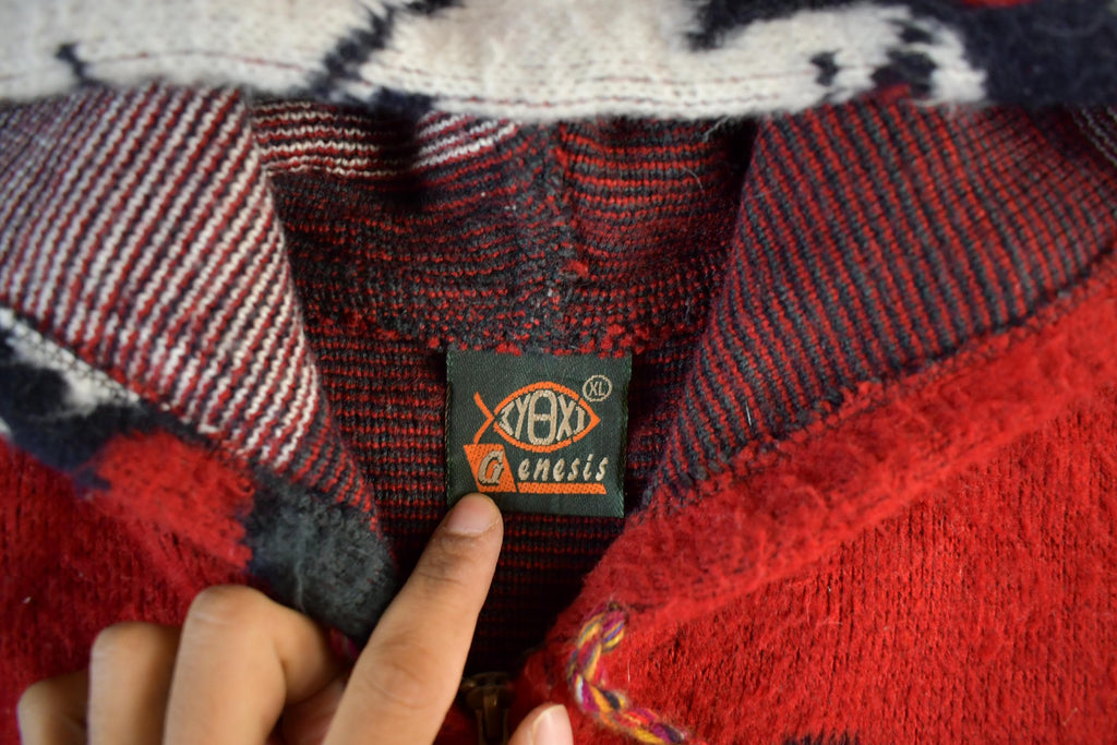 Vintage 1990s Genesis Wolf Ecuadorian Wool Knit Full Zip Hooded Sweater