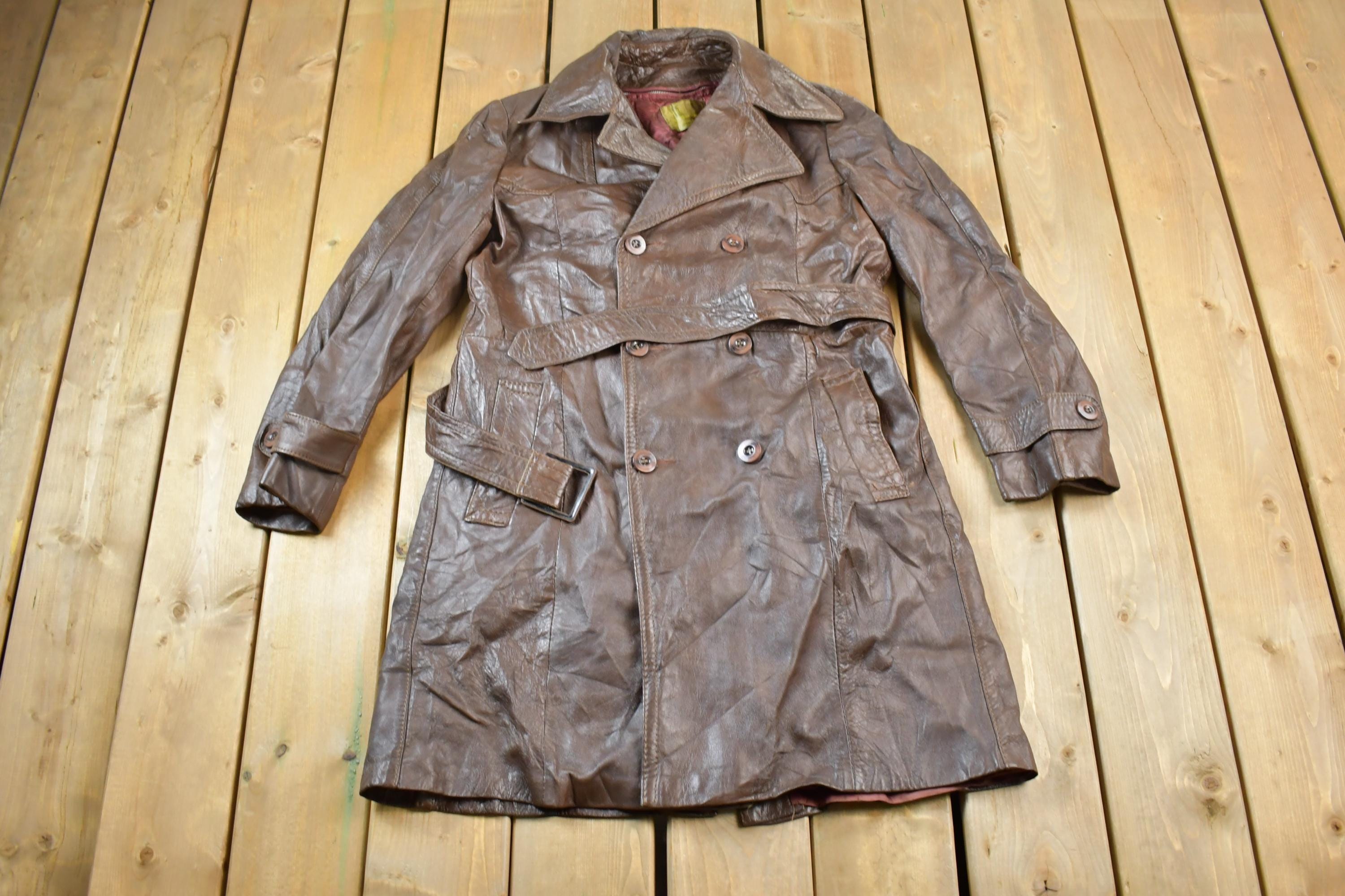 Vintage 1980s Sears Brown Women's Full Length Leather Trench Coat