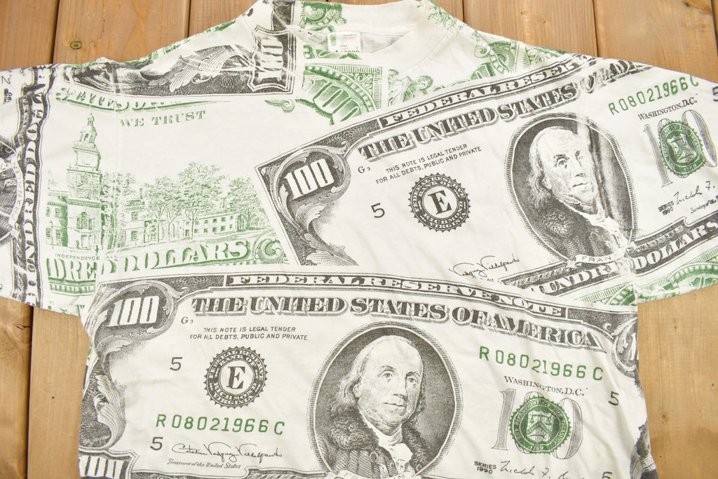 Vintage 1990 100 Dollar Bill All Over Print Graphic T Shirt
