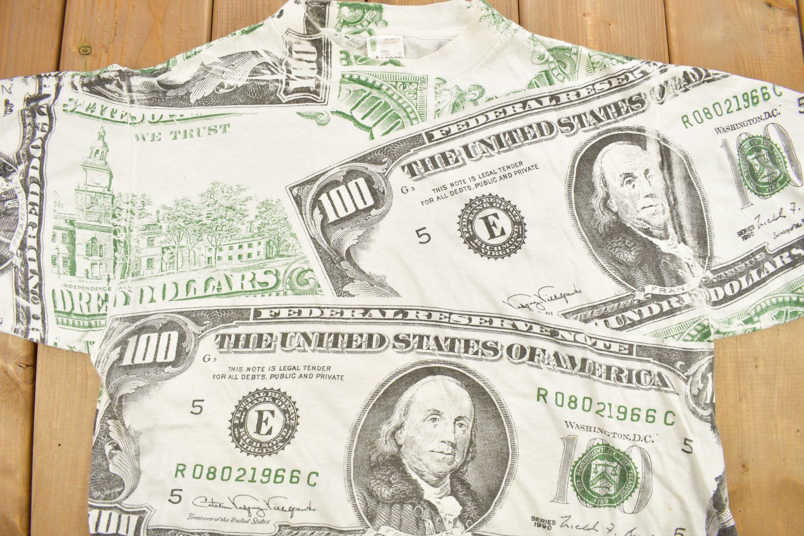 Vintage 1990 100 Dollar Bill All Over Print Graphic T Shirt