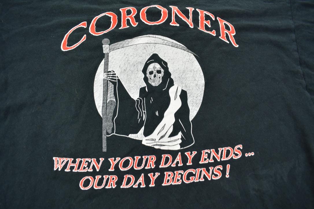 Vintage 1990s Coroner "When Your Day Ends Our Day Begins Grim Reaper Graphic T-Shirt Size XXL