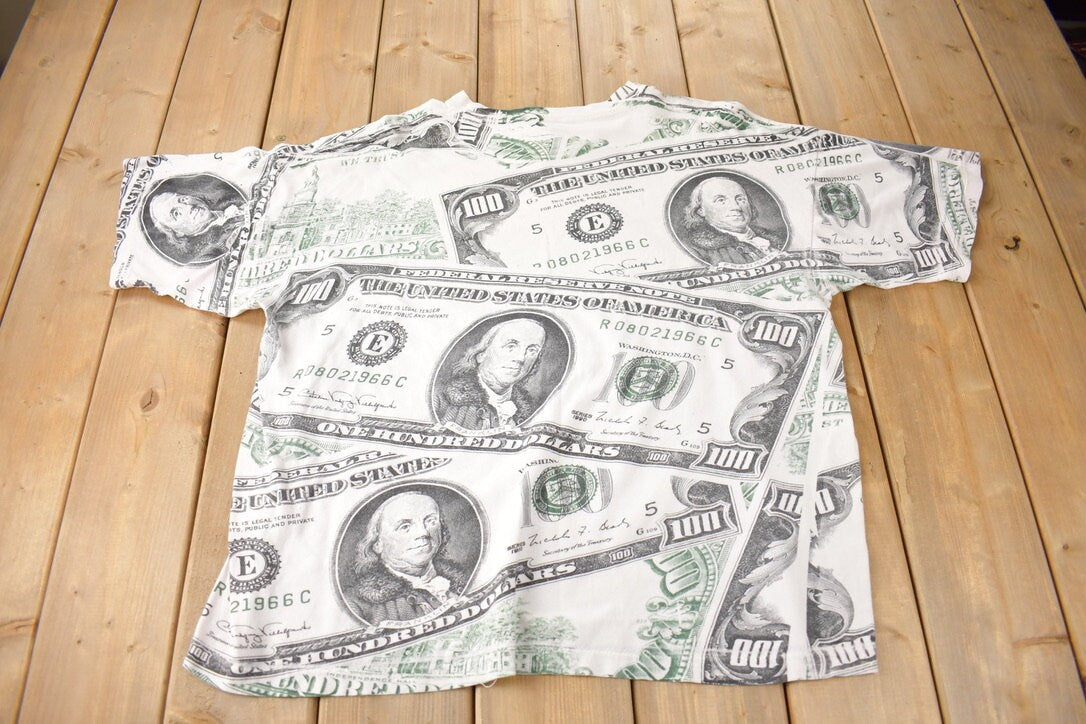 Vintage 1990 100 Dollar Bills All Over Print Single Stitch Graphic T Shirt Made In USA