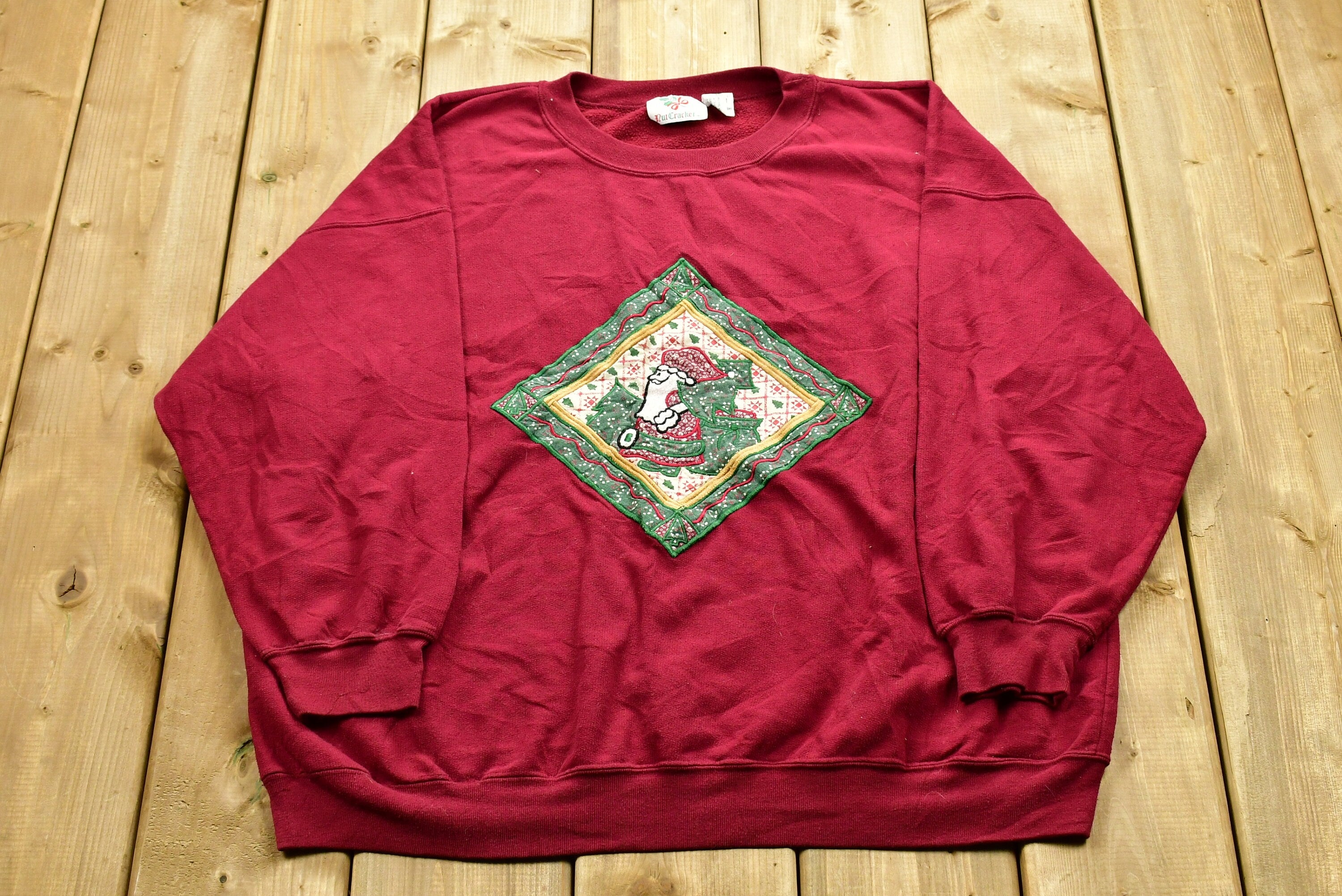 Vintage Christmas Santa Sweater , 90s Holiday Crewneck , Winter Wear , Festive Diamond Graphic Print