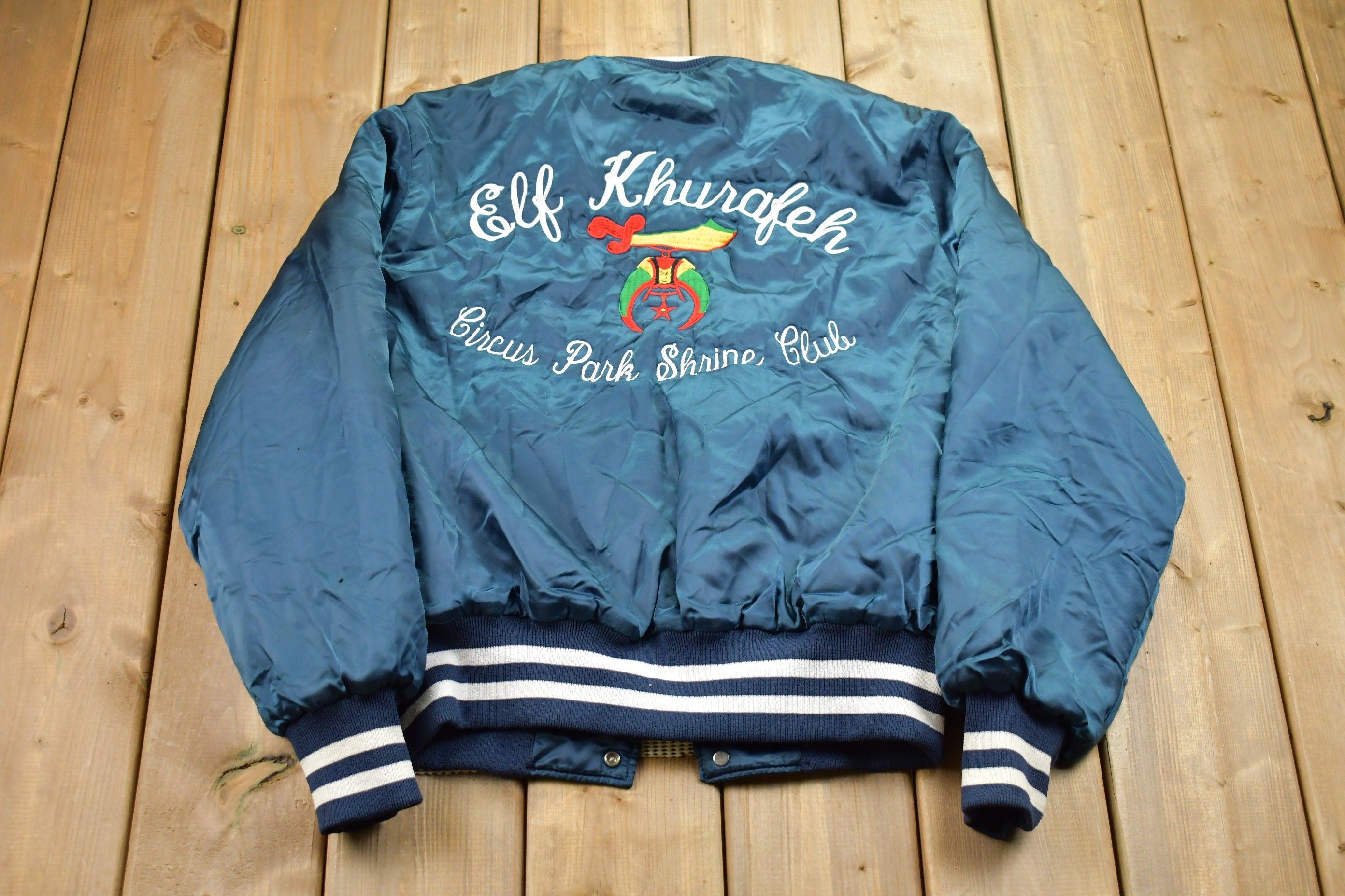 Vintage 1980s Holloway Circus Embroidered Satin Bomber Jacket