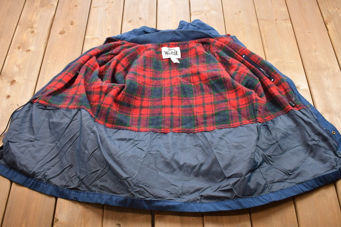 Vintage 1990s Woolrich Cargo Pocket Plaid Lined Blue Fall Jacket
