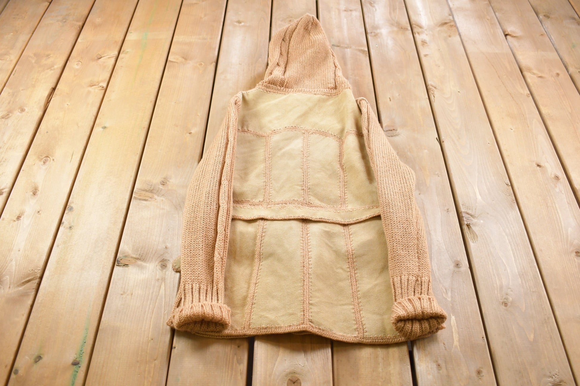 Vintage 1970s Crochet Knit Suede Full length Hooded Light Jacket