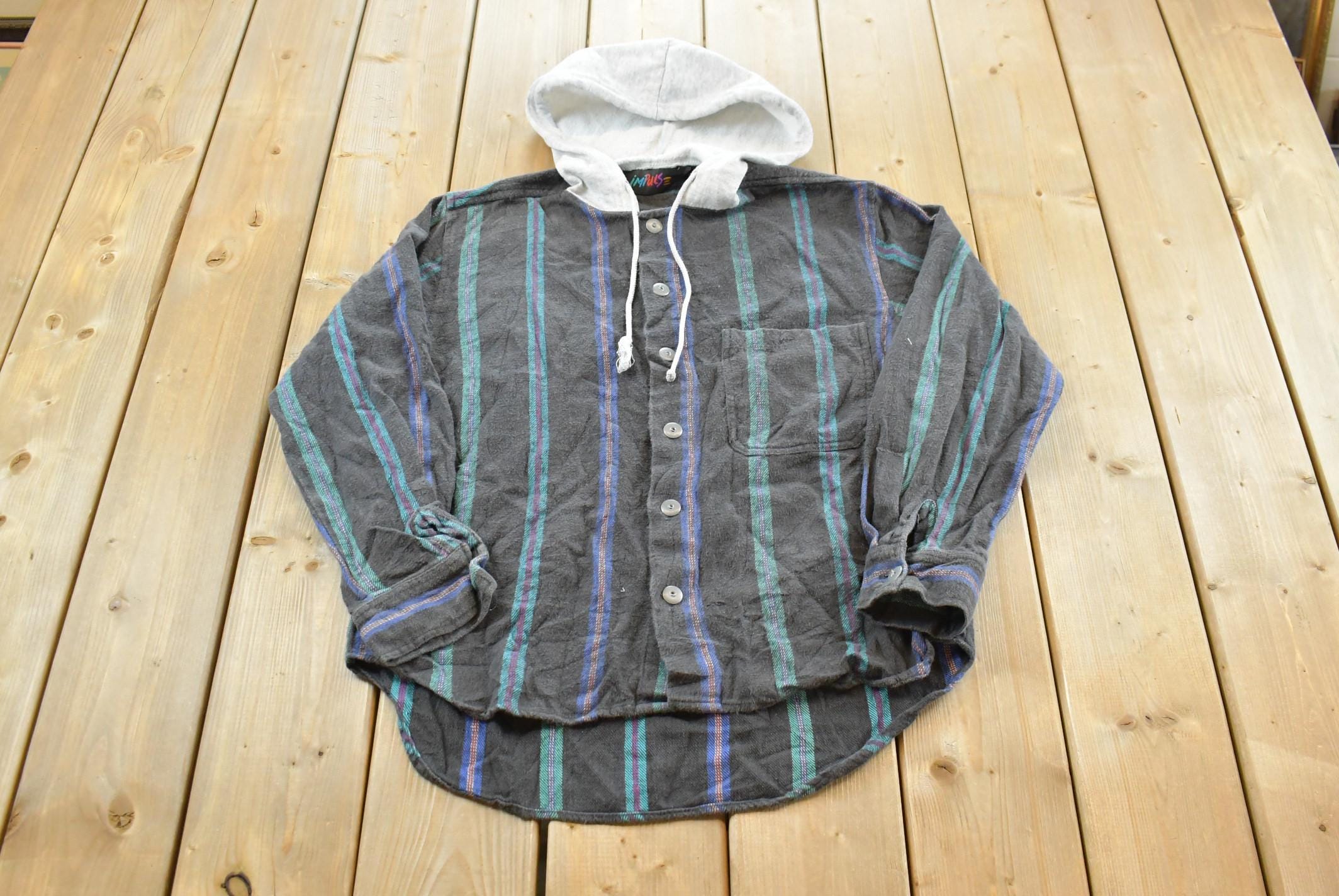 Vintage 1990s Impulse Hooded Striped Flannel Button Up Shirt Mens  1990s Button Up  Vintage Flannel  Plaid Shirt  Button Down