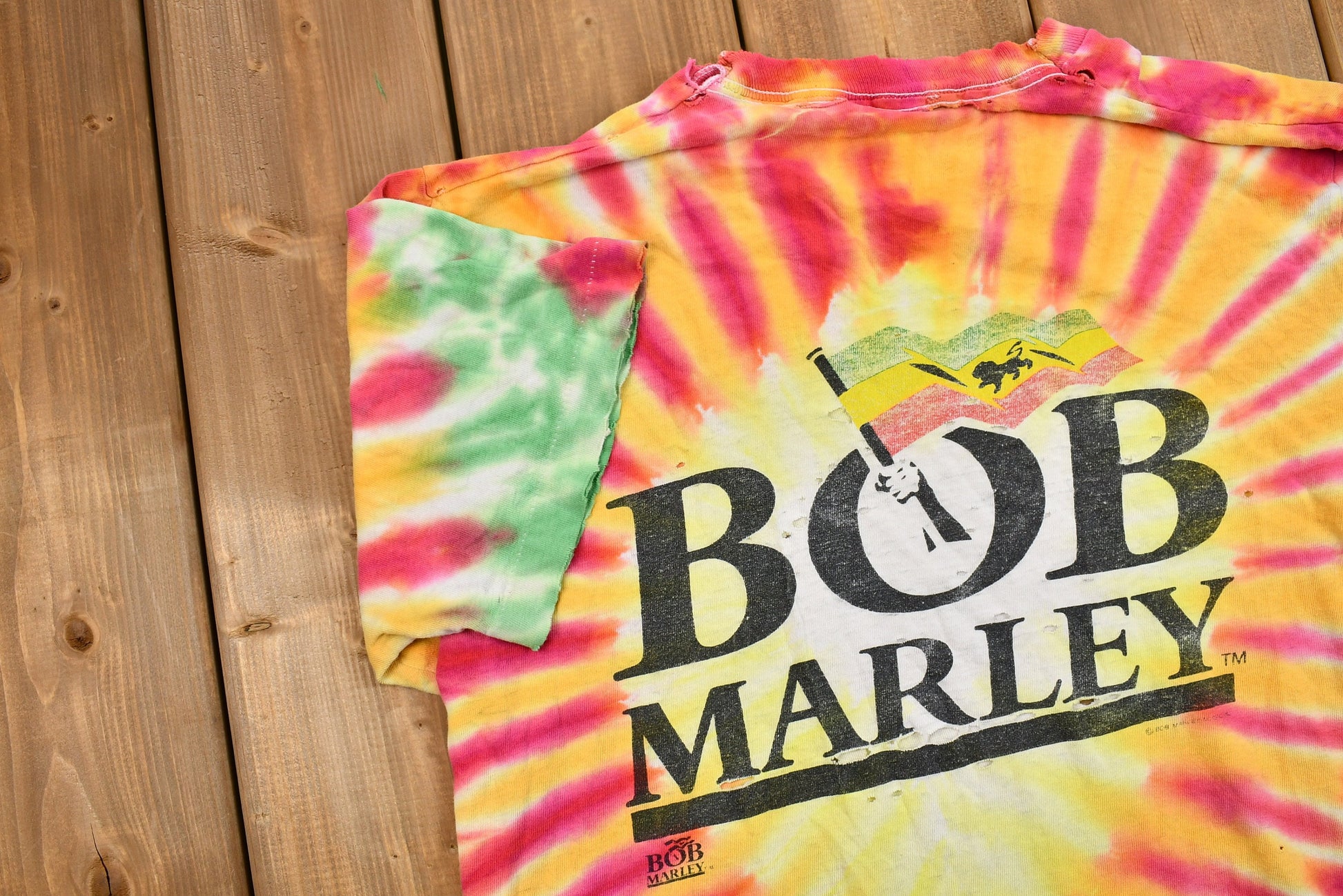 Vintage Early 1990s Thrashed Bob Marley Confrontation Tie Dye T-Shirt