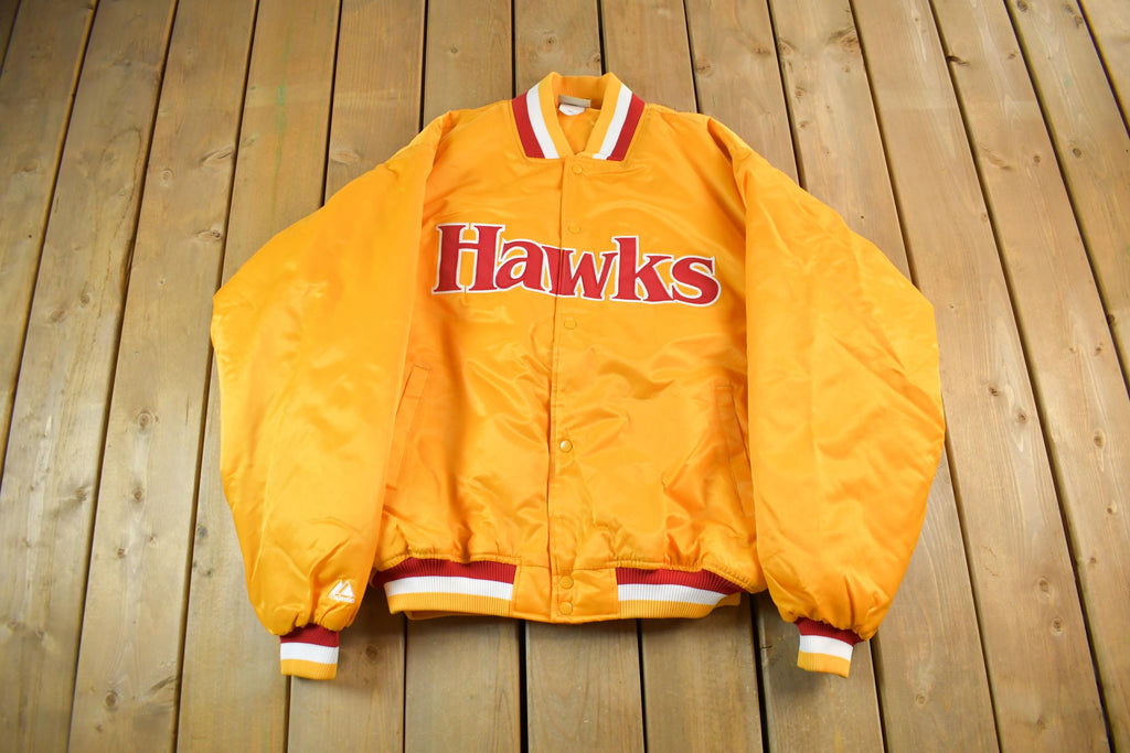 Vintage 2000s Hardwood Classics Atlanta Hawks NBA Basketball Embroidered Snap Button Satin Bomber Jacket Mens 3XL