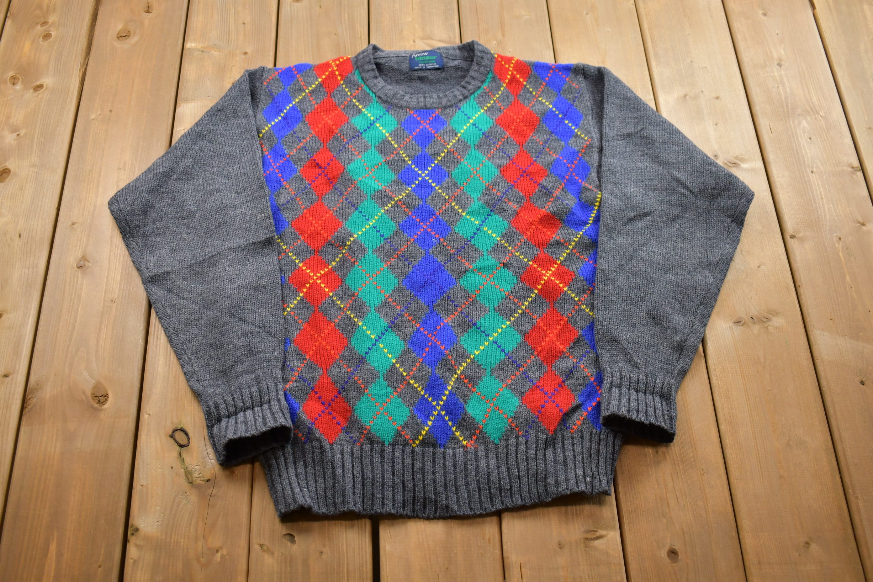 Vintage 1990s Arrow Knitted Argyle Crewneck Sweater