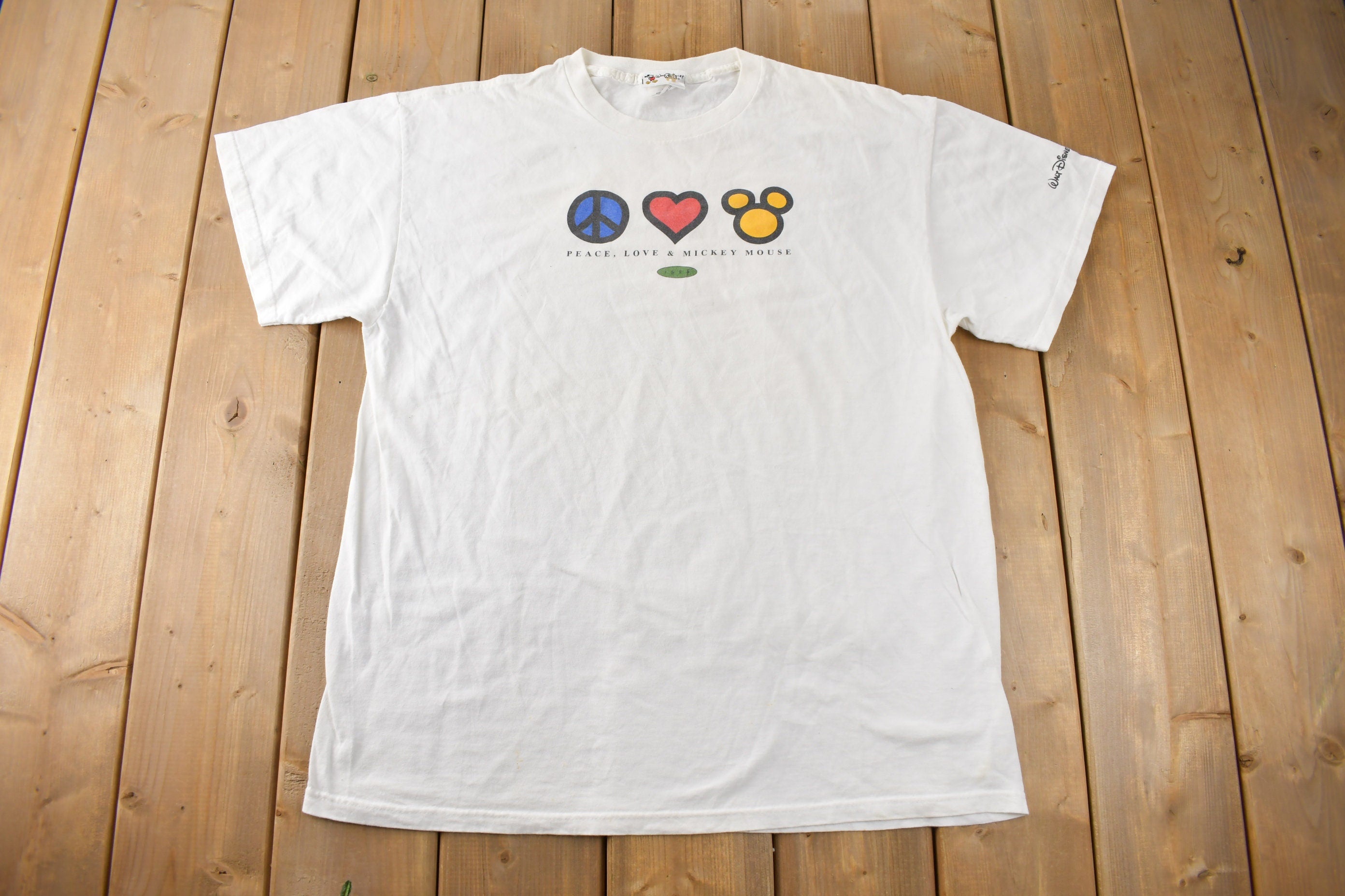 Vintage 1990s Disney Peace Love And Mickey Mouse Graphic T-Shirt Made In USA Size Xl