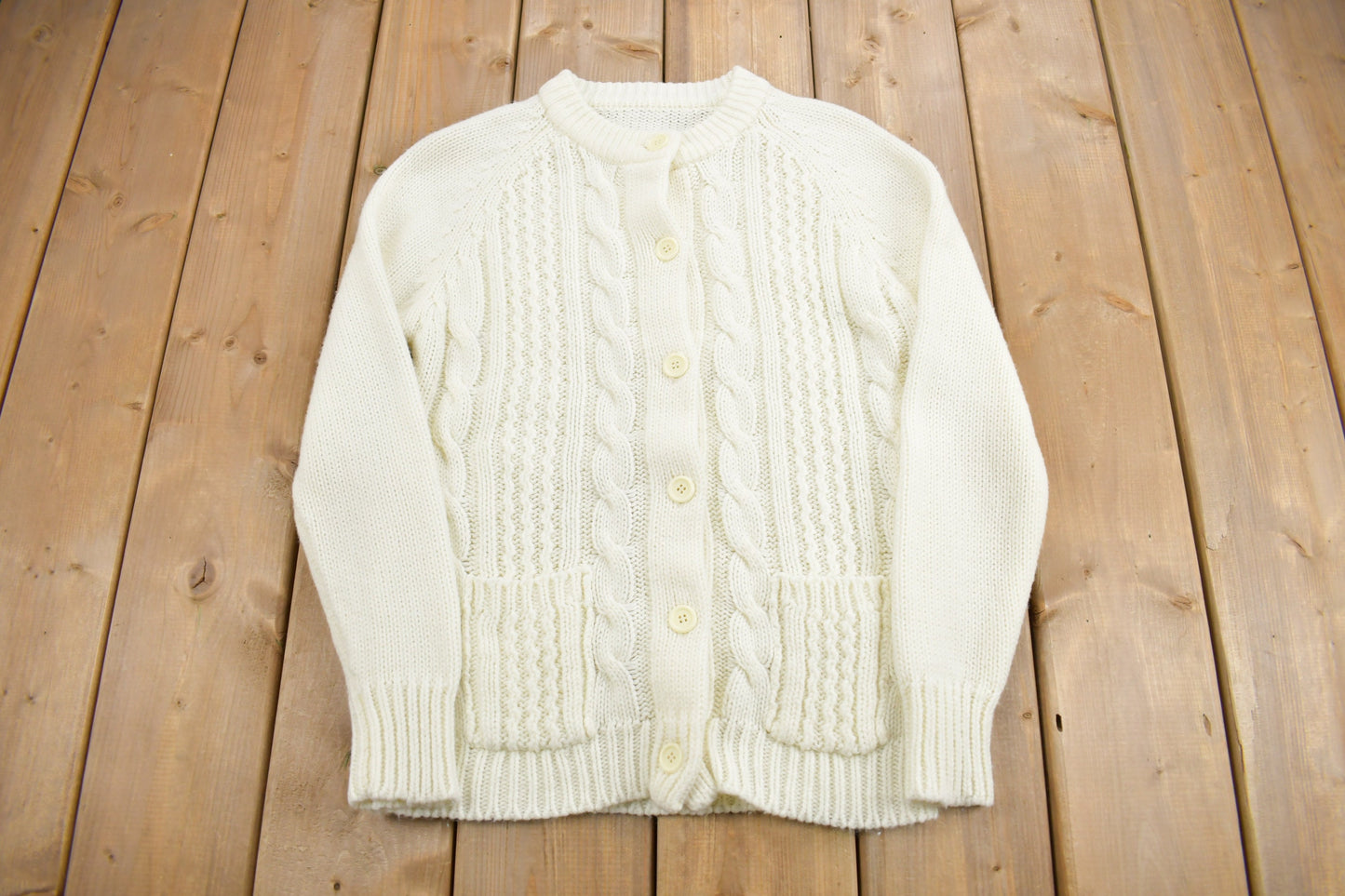 Vintage 1980s Cable Knit Acrylic Cardigan Sweater / Vintage Cardigan / Button Up / White Sweater