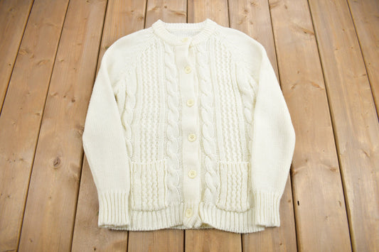 Vintage 1980s Cable Knit Acrylic Cardigan Sweater / Vintage Cardigan / Button Up / White Sweater