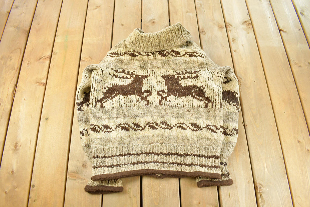 Vintage 1970s Reindeer Full Zip Hand Knit Cowichan Sweater Men's Medium