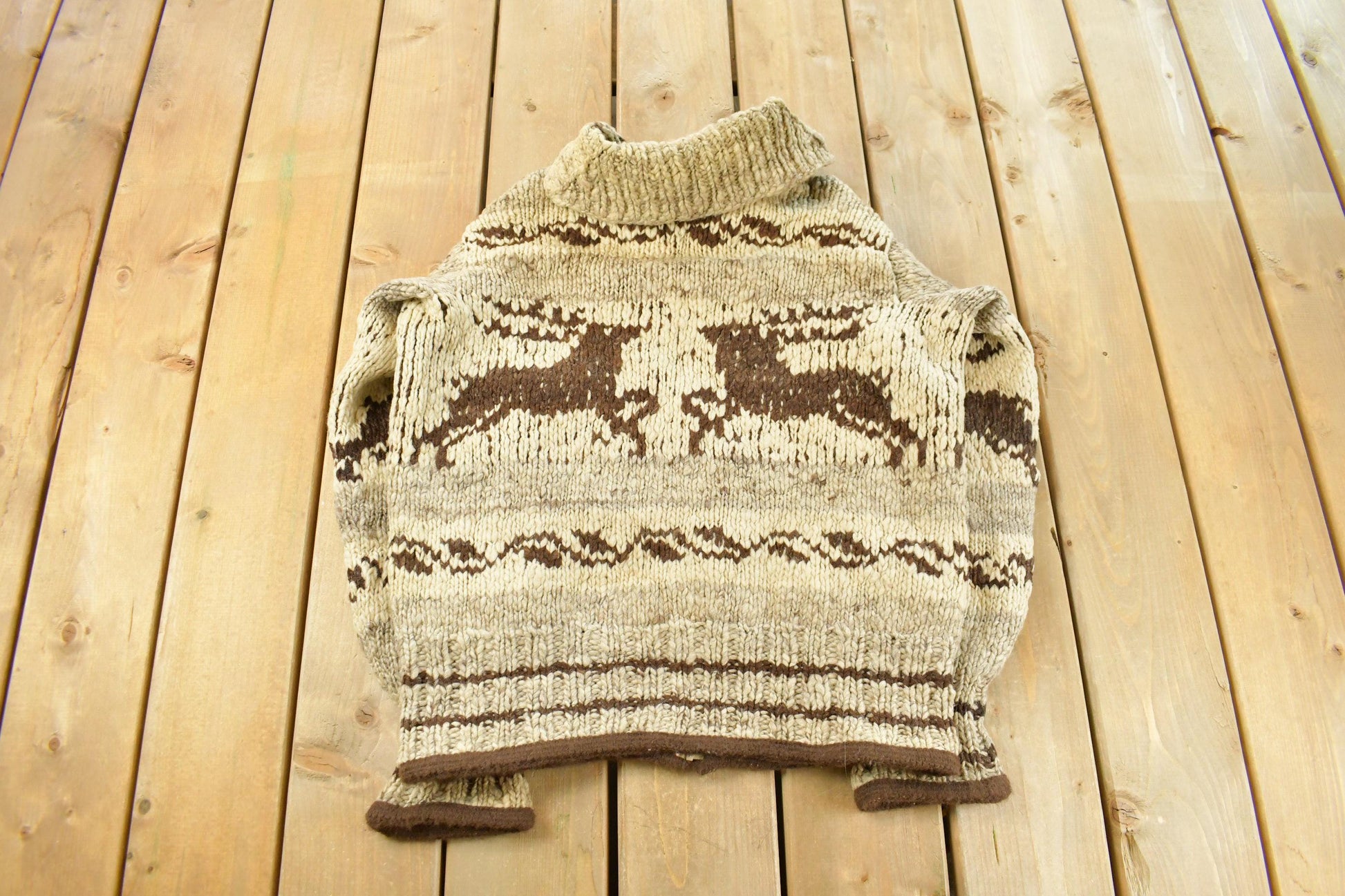 Vintage 1970s Reindeer Full Zip Hand Knit Cowichan Sweater Men's Medium