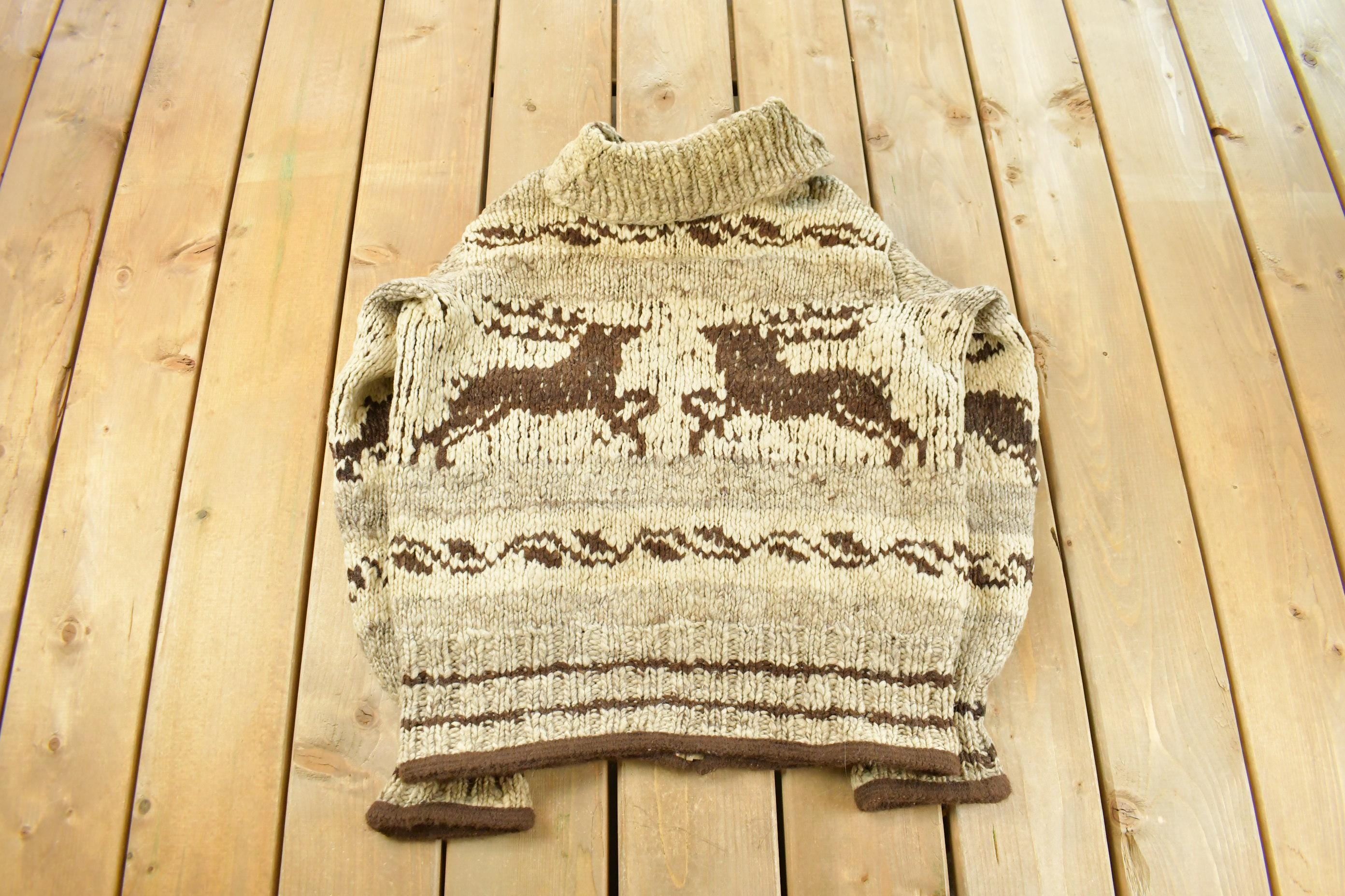 Vintage 1970s Reindeer Full Zip Hand Knit Cowichan Sweater Men's Medium