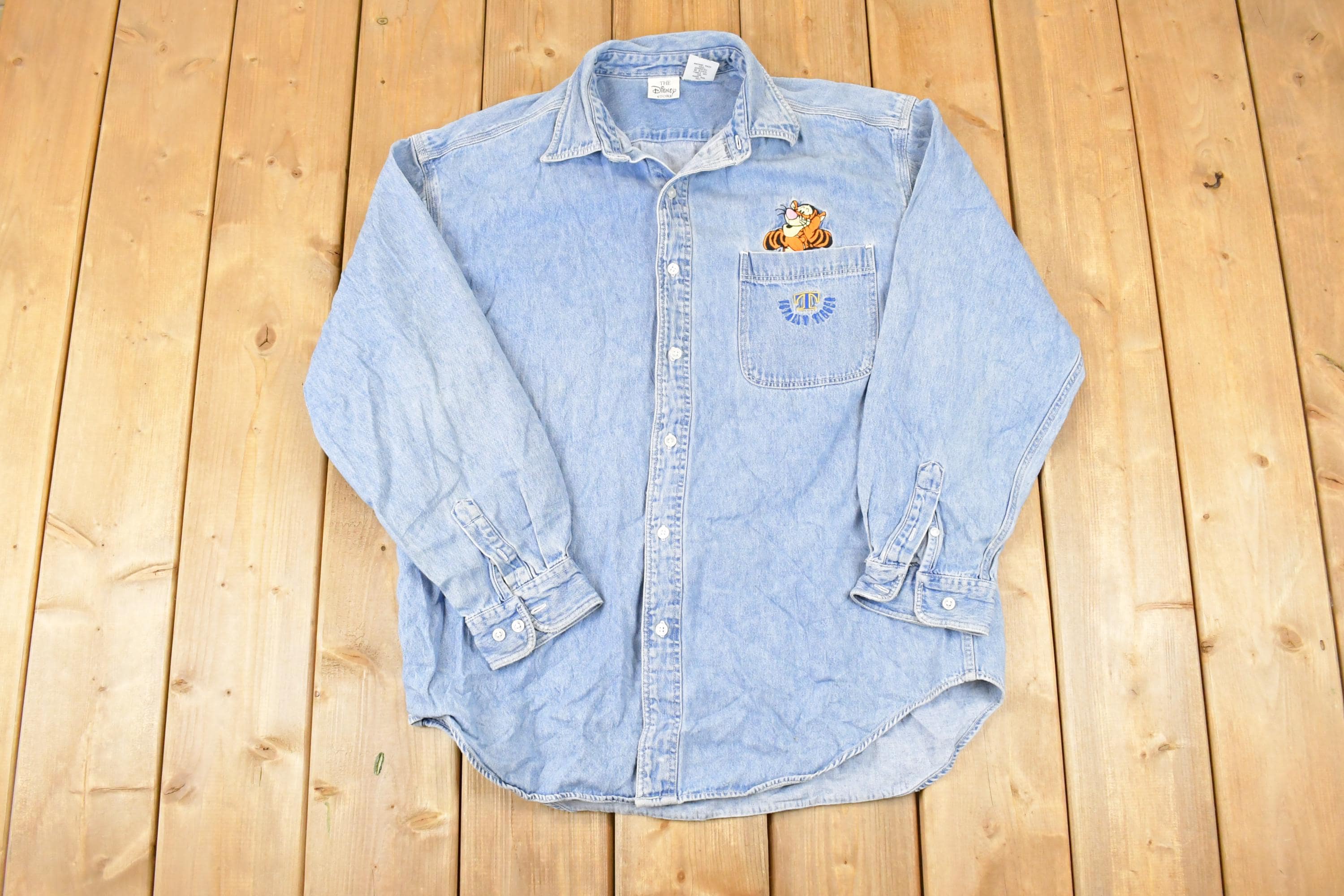 Vintage 1990s Winnie The Pooh Tigger Disney Button Up Denim Shirt Men's L