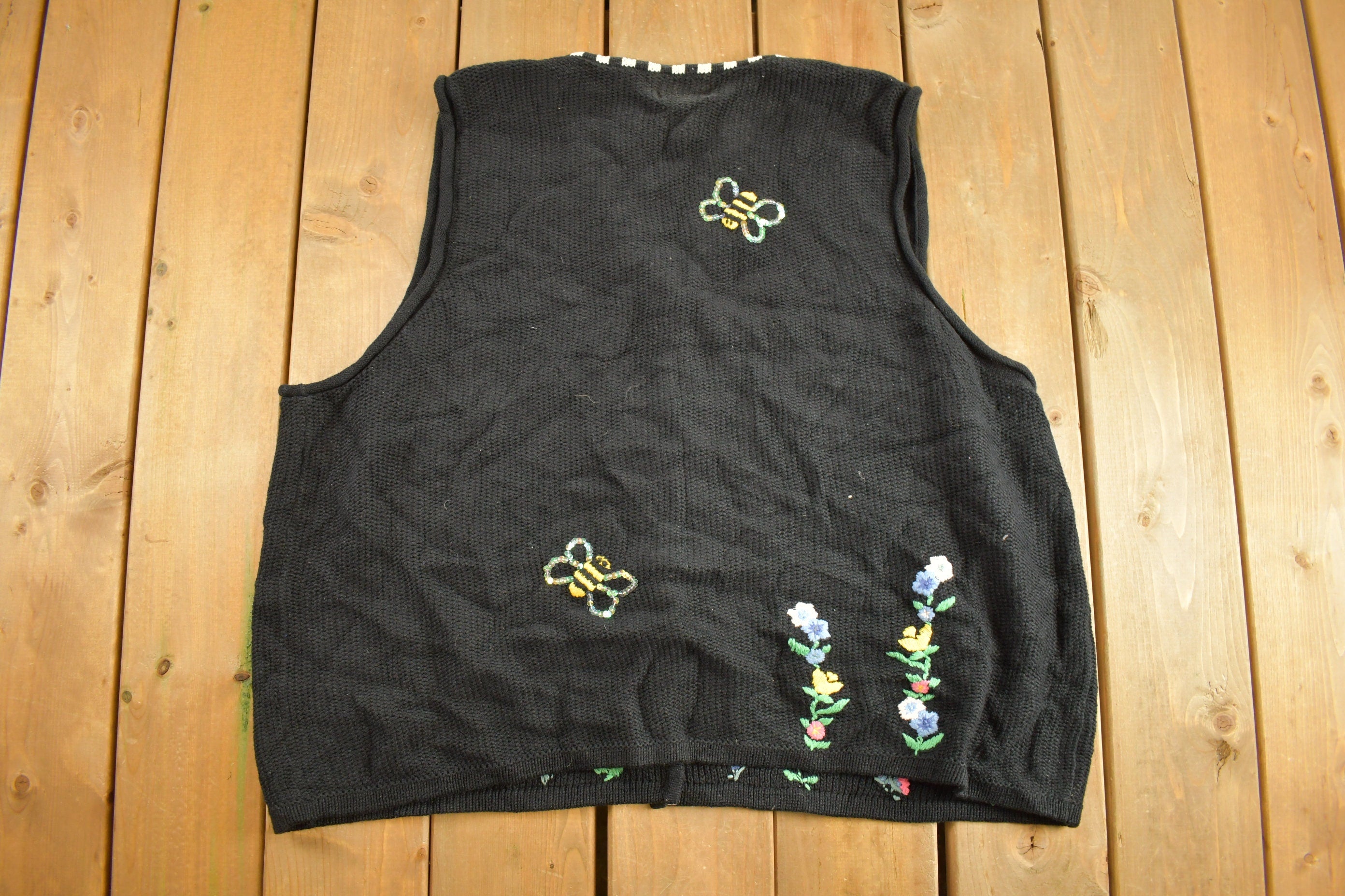 Vintage 1990s Embroidered Knitted Button Up Sweater Vest