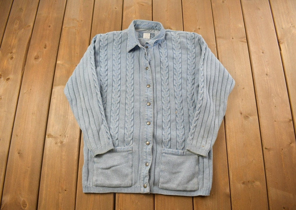 Vintage 1990s Blue Wilts Knitted Collard Cardigan Sweater /