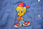 Vintage 1990s Tweety Bird Denim Button Up Hooded Shirt  90s Button Up  Looney Tunes  Denim  Button Down