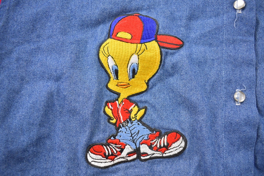 Vintage 1990s Tweety Bird Denim Button Up Hooded Shirt  90s Button Up  Looney Tunes  Denim  Button Down